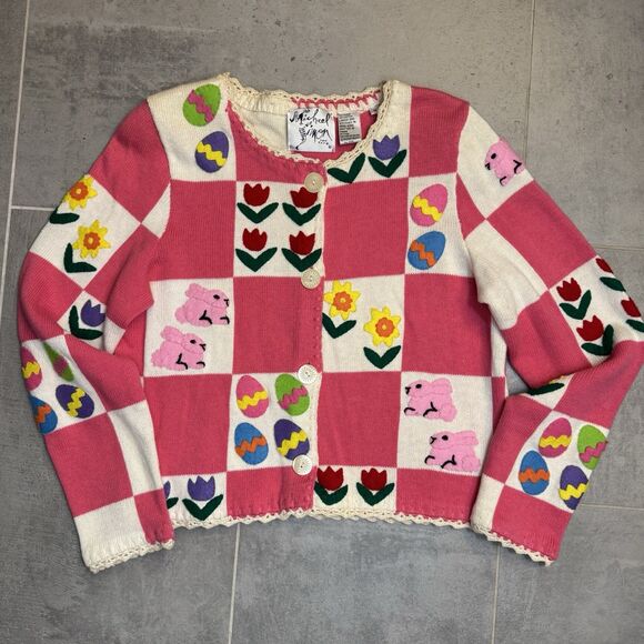 Michael Simon Sweaters - Vintage 1996 Michael Simon New York Easter Cardigan Sweater Bunnies Tulips M